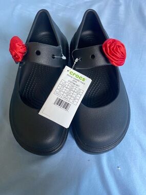 CROCS Black Kids Mary Jane with Red Flower Charm